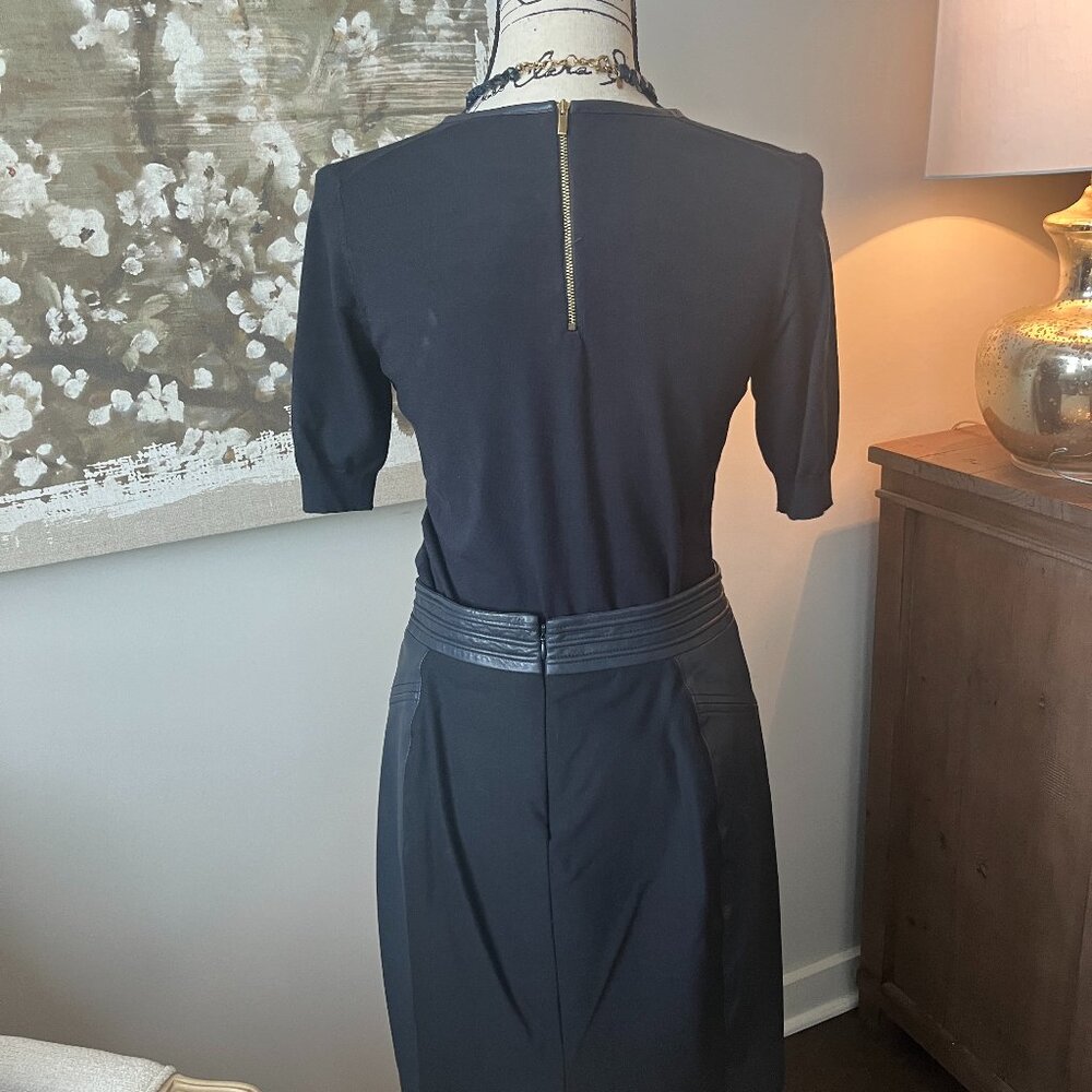 Etcetera Navy LEATHER pencil skirt and matching sweater with leather trim